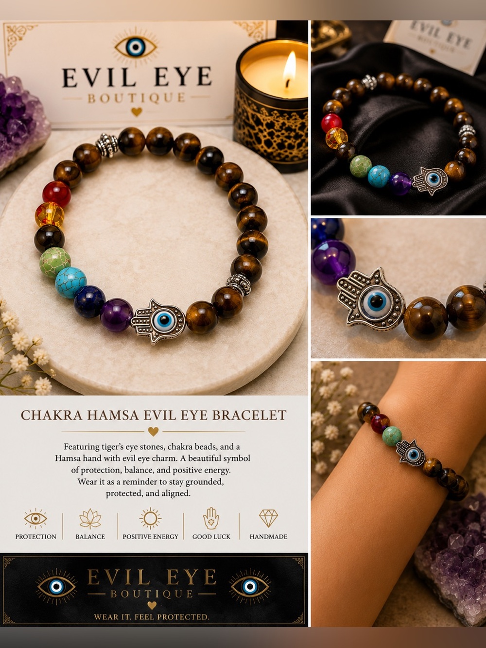 🧿Chakra Hamsa Bracelet - Brown Tiger Eye with Multicolor Chakra Beads #70